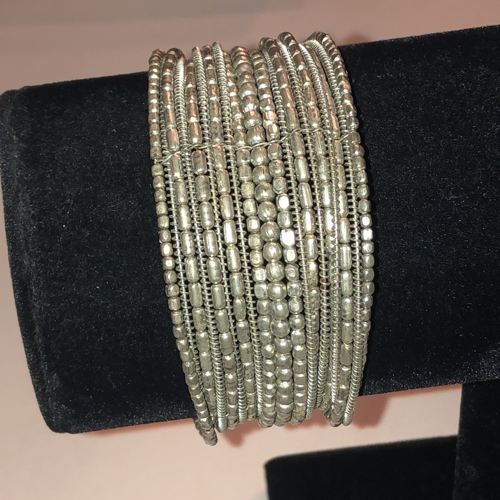 Silver Tone Beaded Boho Cuff Bracelet